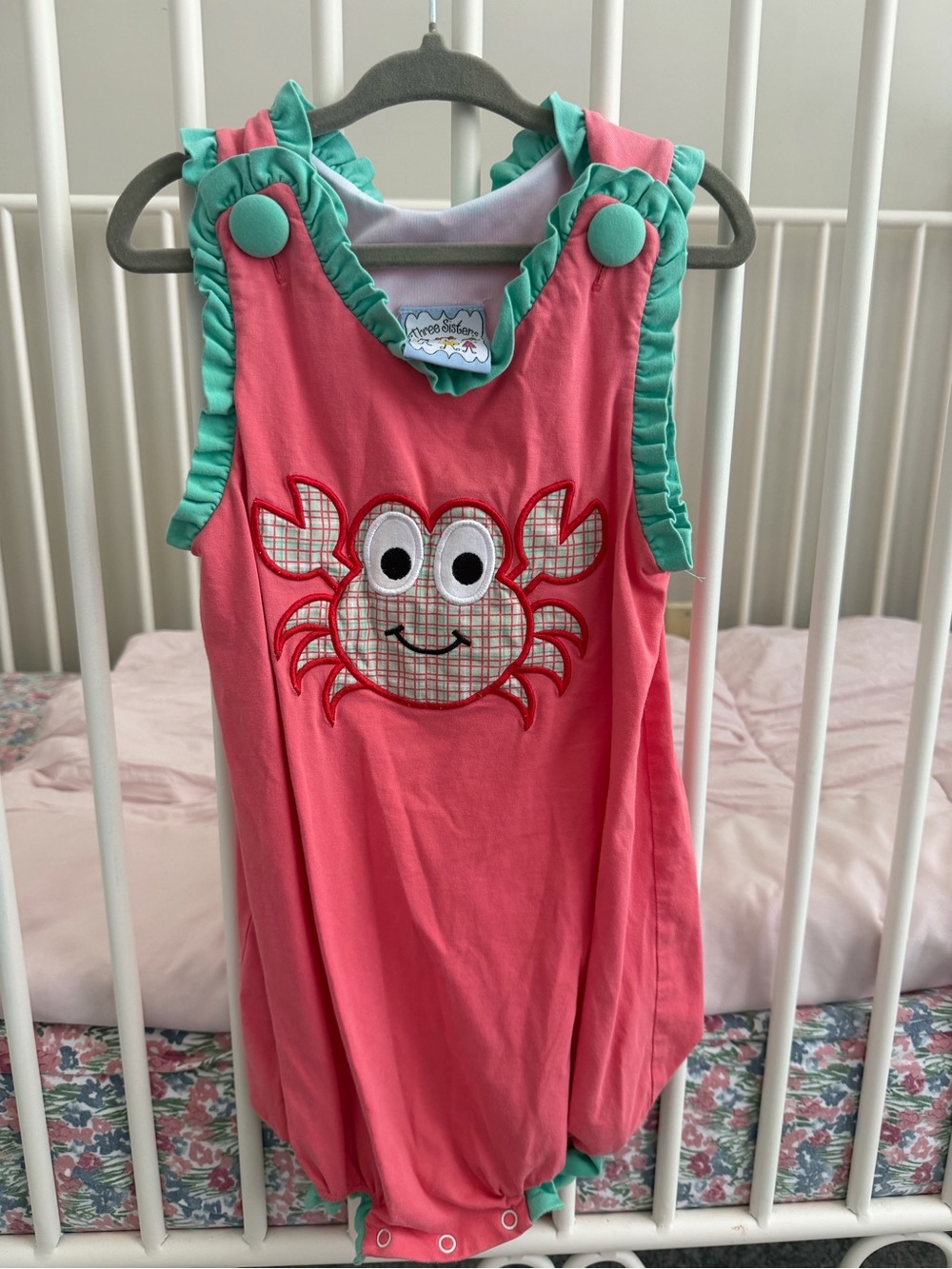 Kids Crab Applique One-Piece Romper in Pink and Aqua